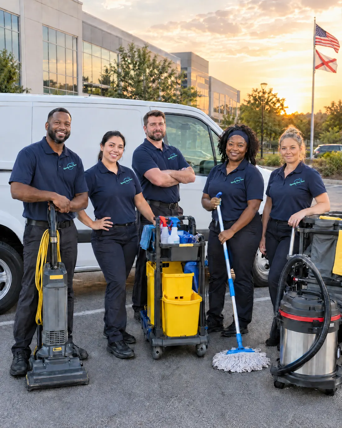 Squeaky Clean Team crew ready for a commercial cleaning job